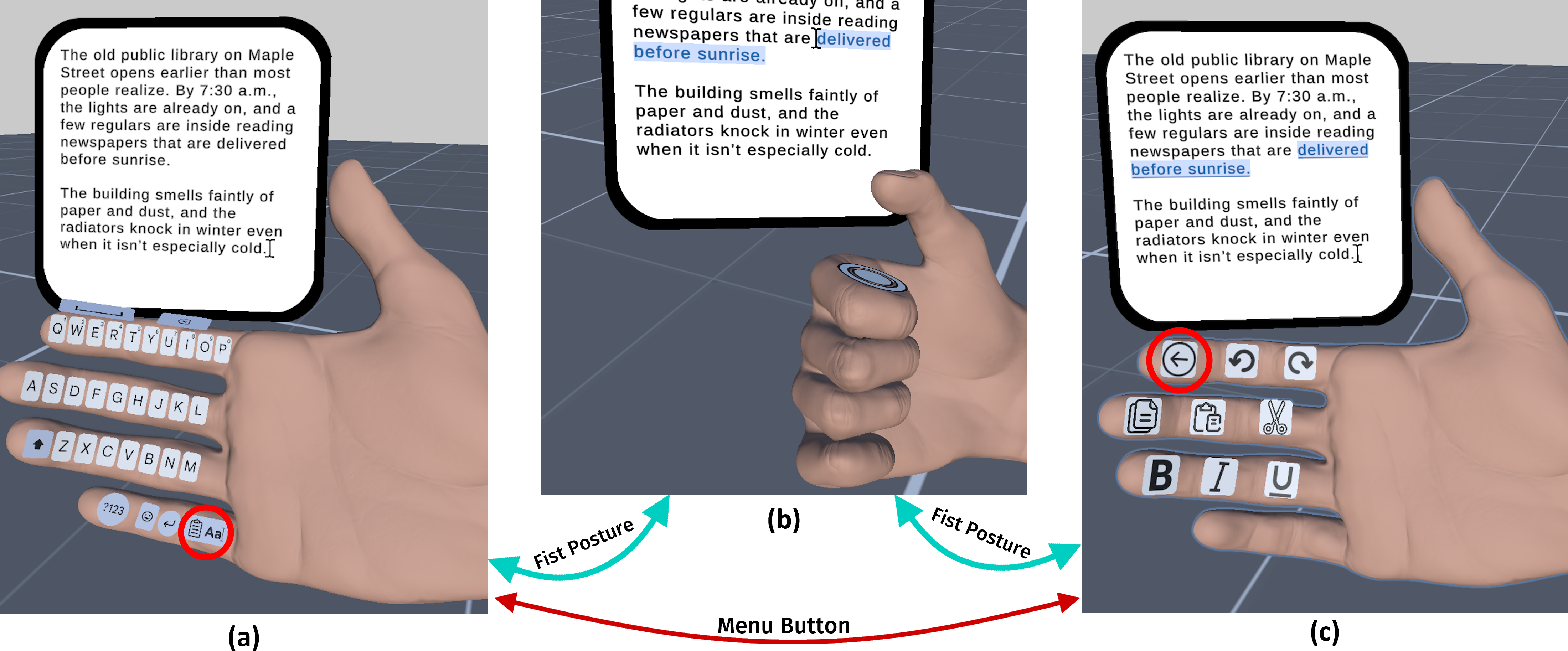 A one-handed T2F text composition system. State (a) shows a 3-row QWERTY keyboard with common actions on the index radial surface. The little finger provides additional common functionality, such as symbol and numerical input, emoji support, newlines, and switching to other states. State (b) presents cursor manipulation via relative joystick control, with visual selection by double-tapping. Uncurling returns to State (a). State (a) provides an advanced menu to State (c) with additional options: undo/redo, clipboard, and text formatting, with a back menu to State (a).